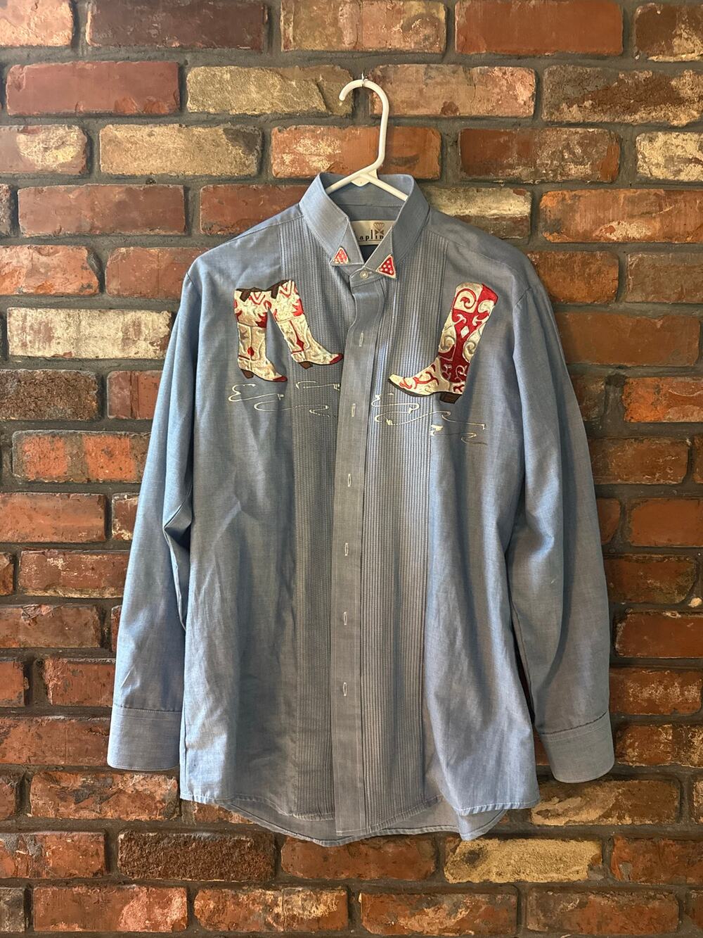 Vintage Chaplin Hand-Painted Western Tuxedo Shirt – Blue Pleated Cowgirl Boots